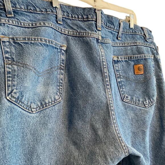Mens Carhartt Relaxed Fit Taper Leg Cotton Blue Denim Work Jeans Size 45x32 - Picture 14 of 16